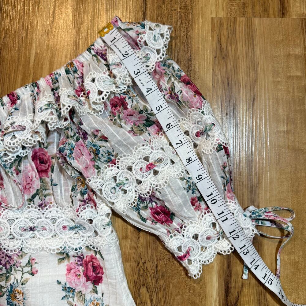 Zimmerman Honour Pintuck Panel Crochet Trim Pink Floral Off Shoulder Mini Dress - Picture 7 of 9